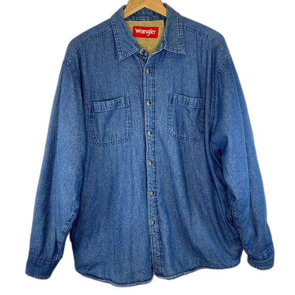 WRANGLER Sherpa Lined Blue‎ Denim Jacket Shirt Jacket Men's Large - Picture 1 of 15